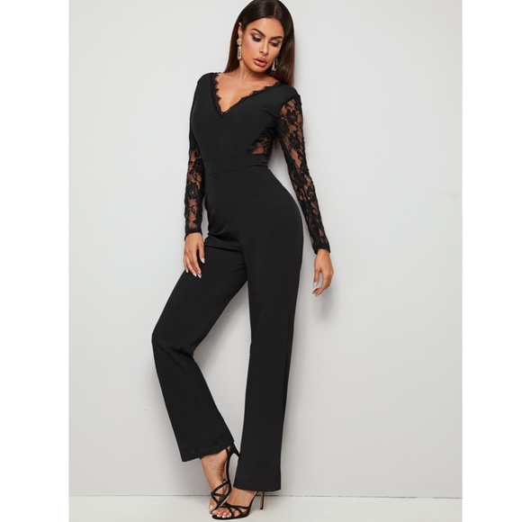 Lace Detail Black Elegant V-Neck Jumpsuit - Picture 3 of 13